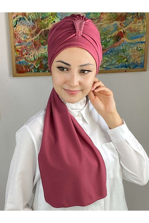 Hürrem Taşlı Tek Biritli Atkılı Koyu Gül Kurusu Bone - 3