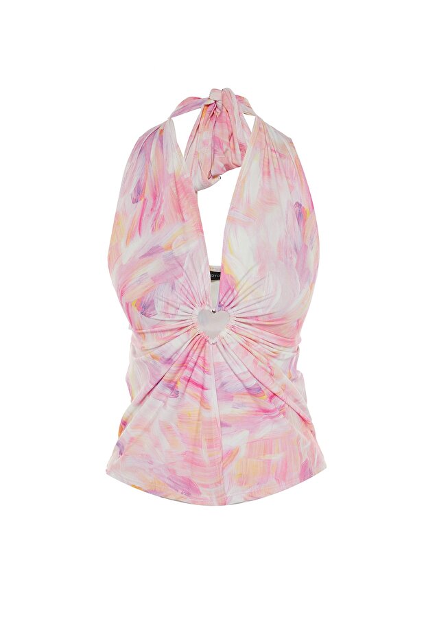 Çok Renkli Aksesuarlı Pencere/Cut Out Detaylı Baskılı Örme Bluz TPRSS23BZ00007 - 6
