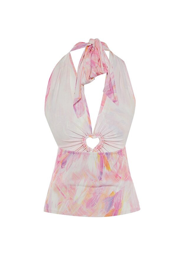 Çok Renkli Aksesuarlı Pencere/Cut Out Detaylı Baskılı Örme Bluz TPRSS23BZ00007 - 8