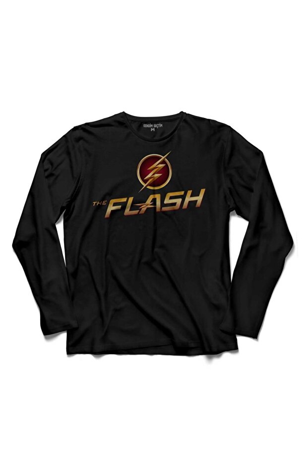 تي شيرت رجالي أسود بشعار The Flash Logo 3 بأكمام طويلة