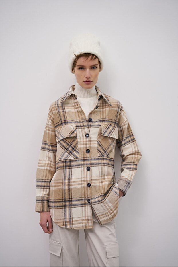 Women's Lumberjack Shirt Jacket Plaid Milk Coffee