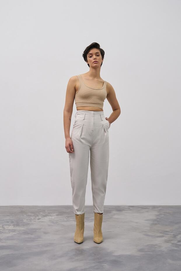 Yüksek Bel Slouchy Pantolon Bej - 1