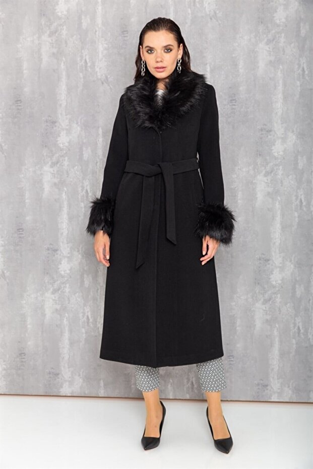 Collar and Sleeve Mouth Mobile Fur Men's Collar Intermediate Size Coat Black