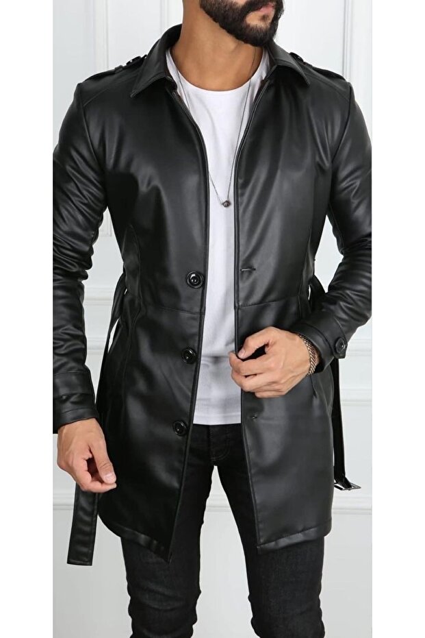 Fit Long Leather Trench Coat with Waist Belt