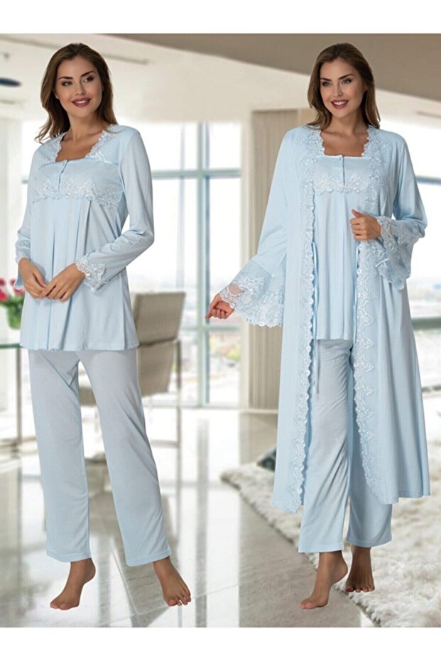 Lohusa Gecelik Pijama Takmı Mavi - 1