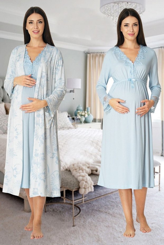 Women's Blue Pattern Maternity Nightgown with Dressing Gown 8095