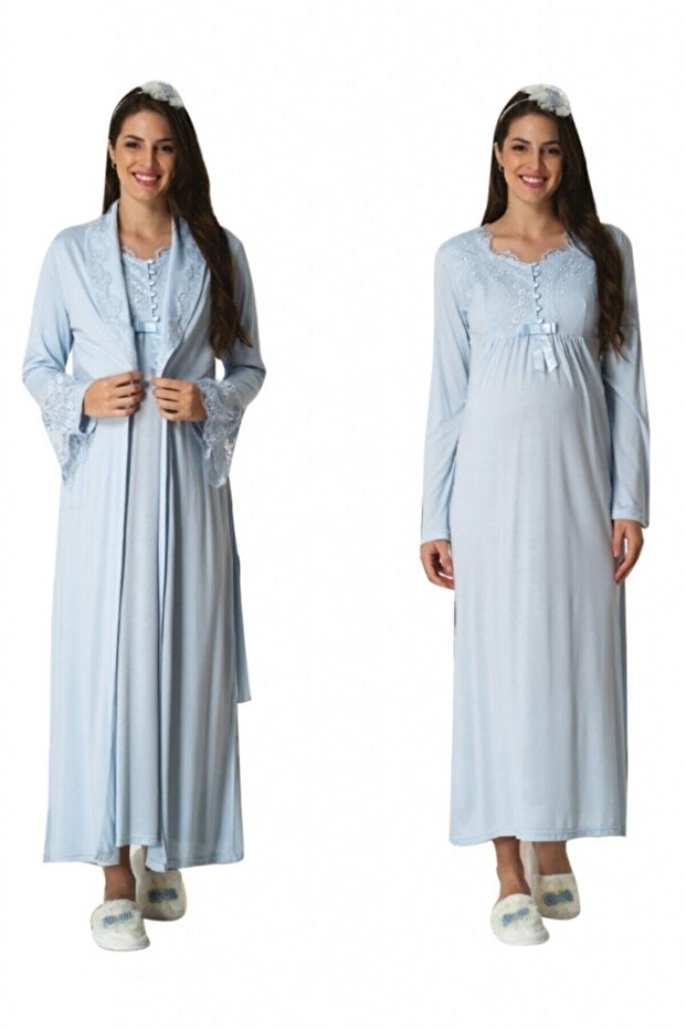 Mecit Blue Maternity Nightgown Set with Dressing Gowns 5417