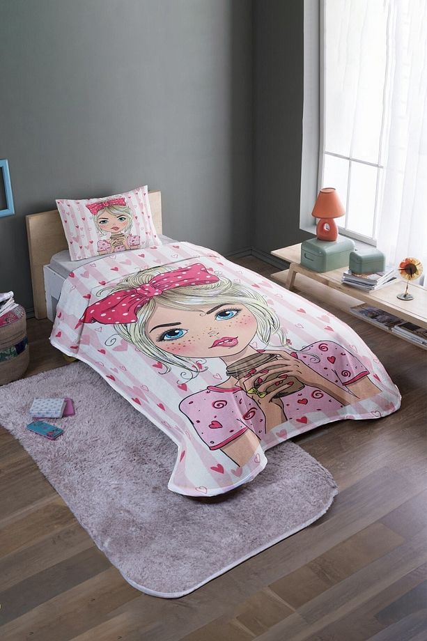 Pembe Modacı Kız Desenli Tek Kişilik Yatak Örtüsü Ve Pike Takımı - 2