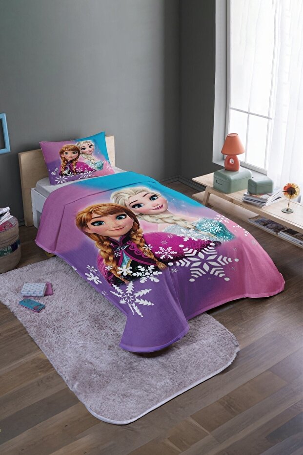 Pembe Mavi Elsa Desenli Tek Kişilik Yatak Örtüsü Ve Pike Takımı - 2