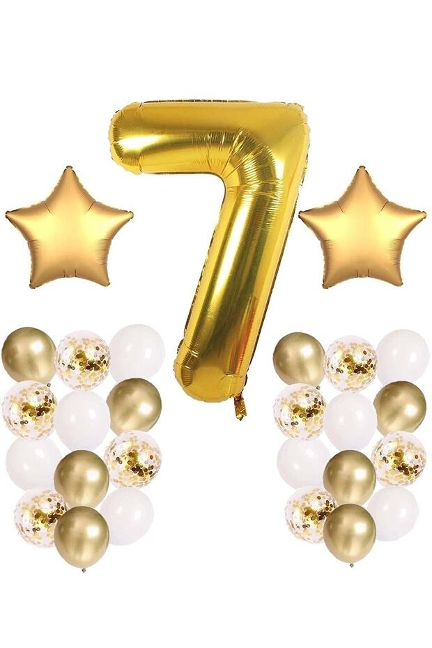 Gold Concept Birthday Celebration Set; White Gold Confetti Balloon, Number Star Foil