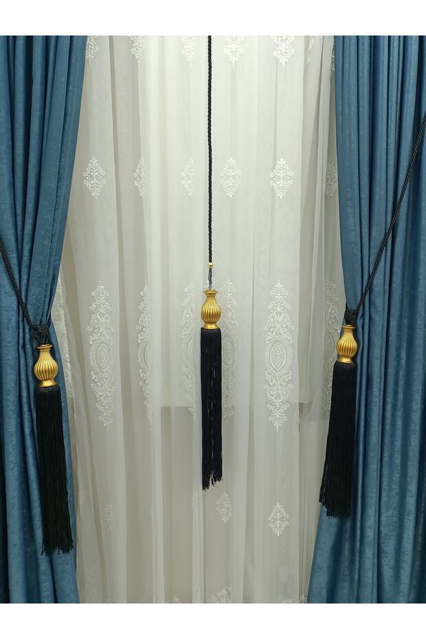 Fon Perde Tavan Bağlama Kuka Braçol Perde Seti Siyah - 1