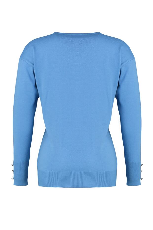 Blauer Strickpullover mit V-Ausschnitt und Knopfdetail TBBAW23AN00043 - 6