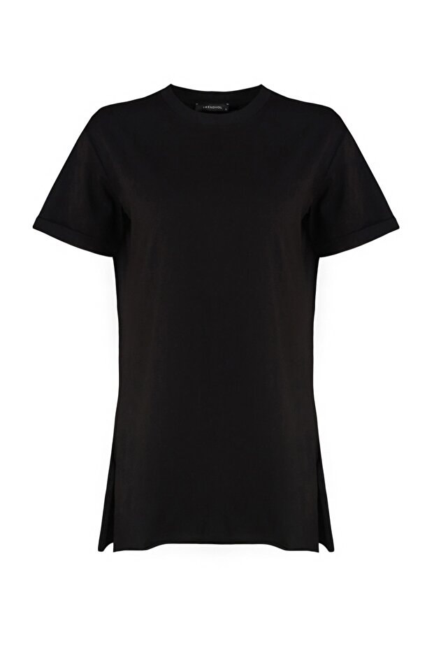 Siyah %100 Pamuk Basic Kısa Kollu Yırtmaçlı Süprem İçlik T-Shirt TCTSS21TN0056 - 7