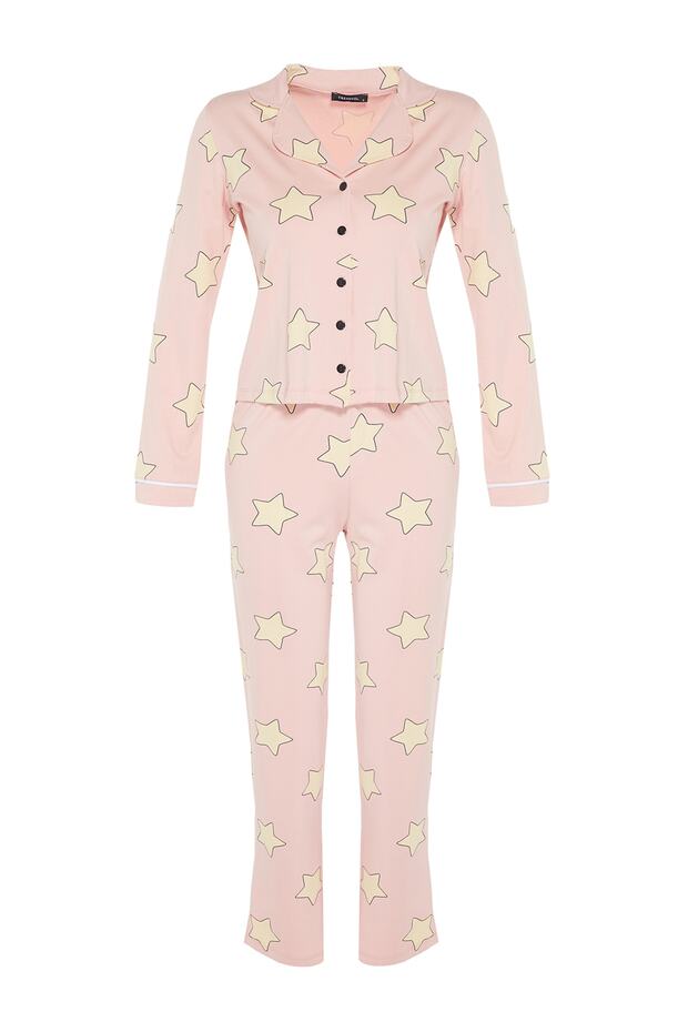 Pudra %100 Pamuklu Yıldız Desenli Örme Pijama Takımı THMAW21PT0456 - 8
