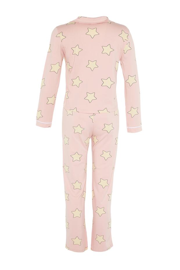 Pudra %100 Pamuklu Yıldız Desenli Örme Pijama Takımı THMAW21PT0456 - 9