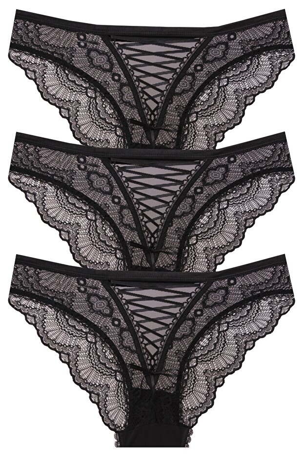 3-Pack Lace Panties with Tulle Front and Cross Ribbon at Back R1-4