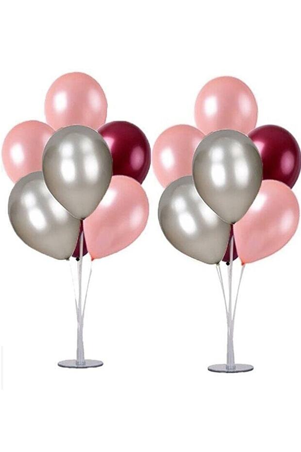 2 Pieces of 7 Balloon Stands and 14 Pieces of Rose Gold - Silver - Claret Red Metallic Balloon Set