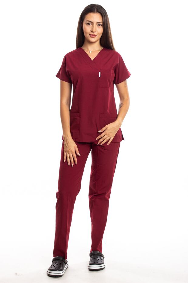 Surgical Doctor Nurse Scrubs Burgundy Jersey Suit