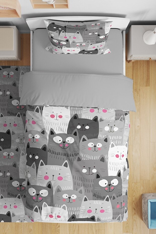 Gray Cats Patterned Single Baby Kids Bedding Set