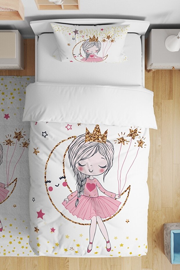 Yellow Star Princess on the Moon Patterned Single Baby Kids Bedding Set