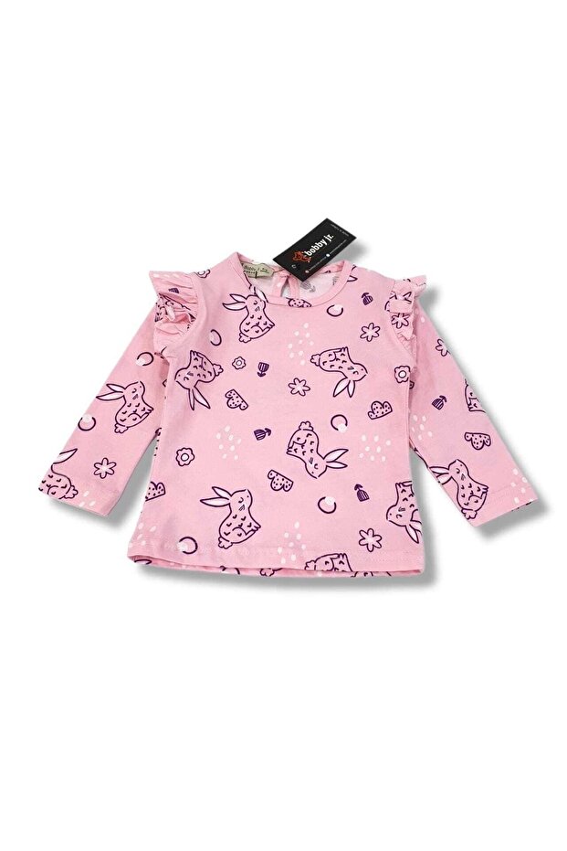 Baby Girl Badi Patterned Pink Dress with Ruffles on the Shoulder