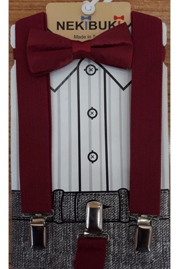 Bordo Pantolon Askısı Ve Papyon Takım - 1