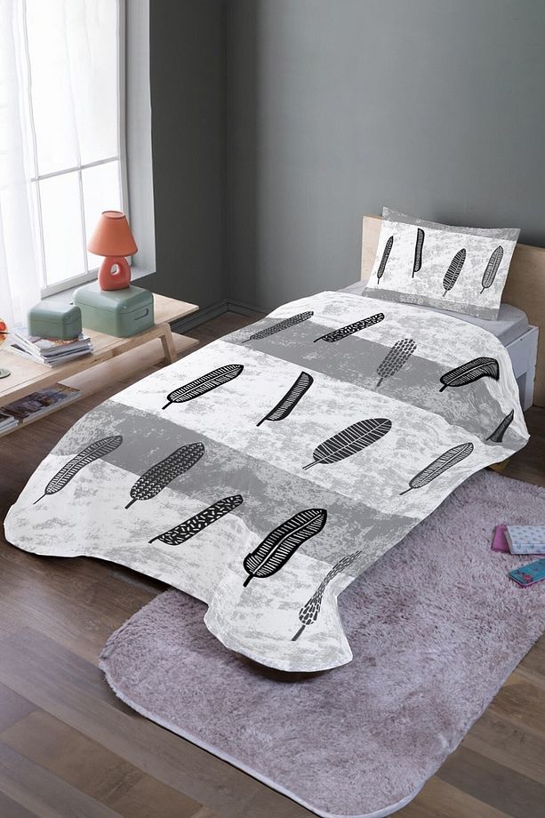 Gri Yapraklar Desenli Tek Kişilik Yatak Örtüsü Ve Pike Takımı - 1