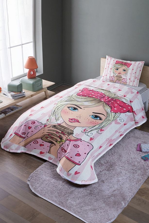 Pembe Modacı Kız Desenli Tek Kişilik Yatak Örtüsü Ve Pike Takımı - 1