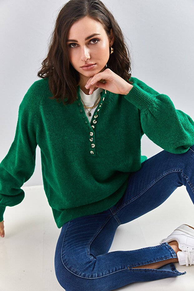 Women's Grass Green Collared Knitted Turtleneck Striped Sweater 20223207