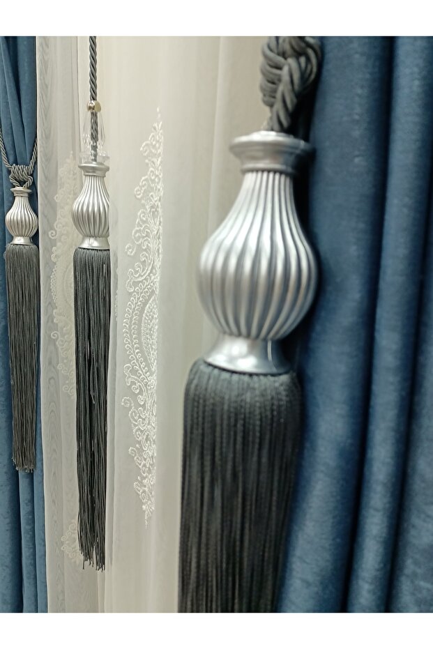 Fon Perde Tavan Bağlama Kuka Braçol Perde Seti Gri - 2