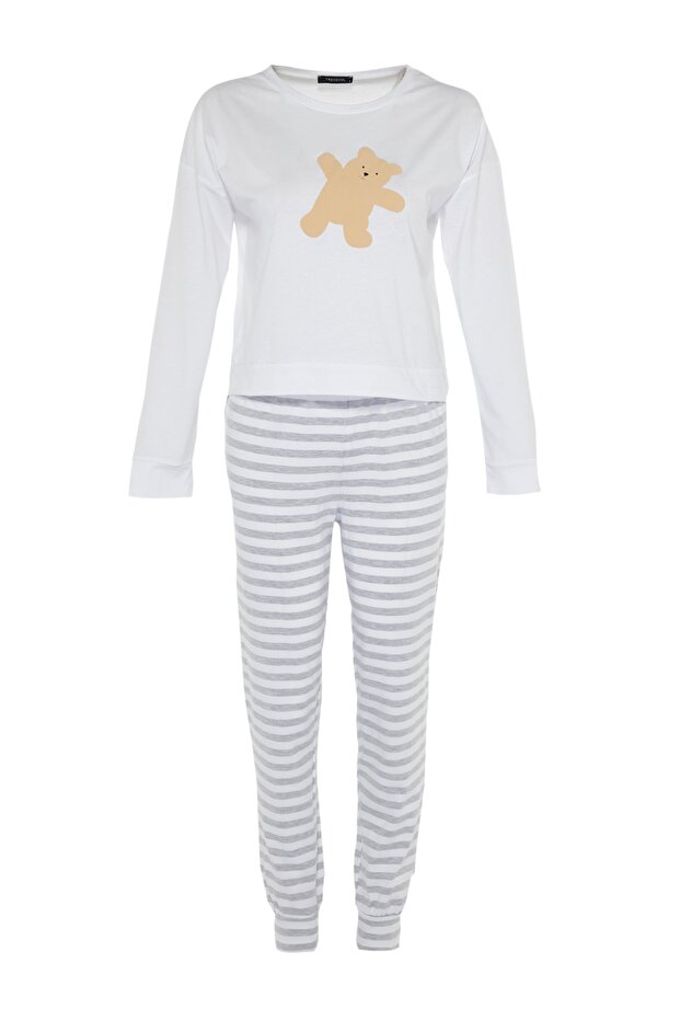 Gri %100 Pamuklu Ayıcıklı Örme Pijama Takımı THMAW21PT0302 - 7