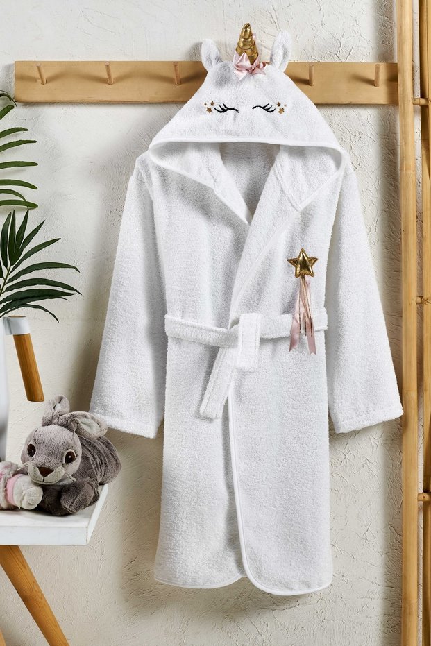 Hooded Children's Bathrobe 100% Cotton Girl's Boy's Bathrobe Unicorn Animal White