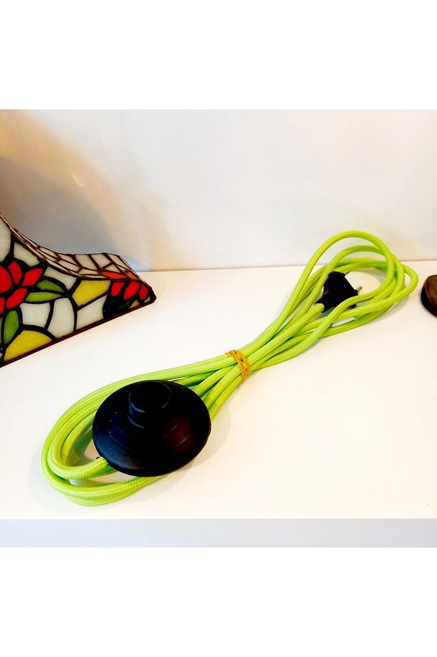 Yeşil Renk Aç Kapa Anahtarlı Fişli Abajur Lambader Kablosu Bez Kablo 2.90 cm - 2