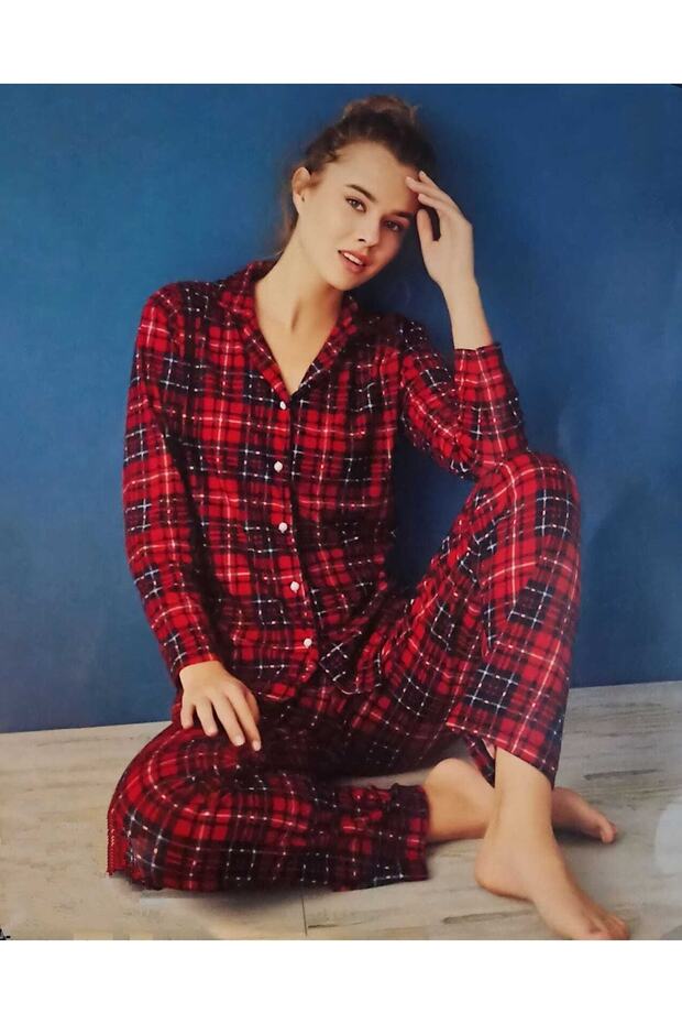 طقم بيجامة شتوية بأزرار من جلد الغزال - 1