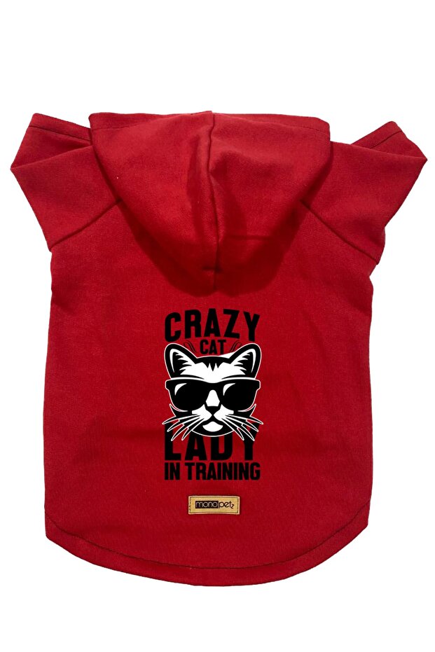 Red Crazy Cat Print Hooded Fleece Sweatshirt and Outfit - Size L