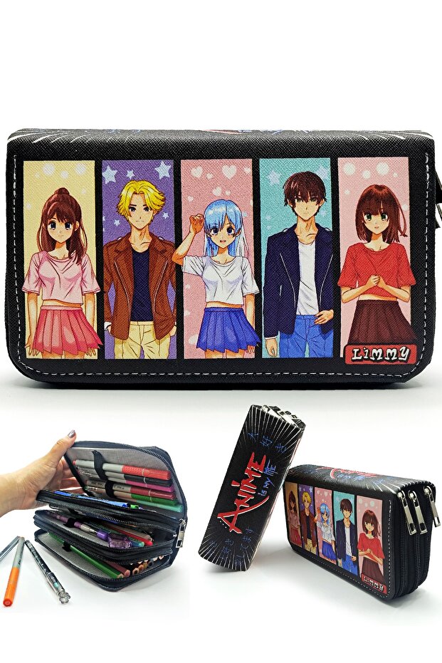 Pencil Case Anime Group Blackpink Manga Kawai Organizer Pencil Case Vegan Leather Three Compartment Pen Holder