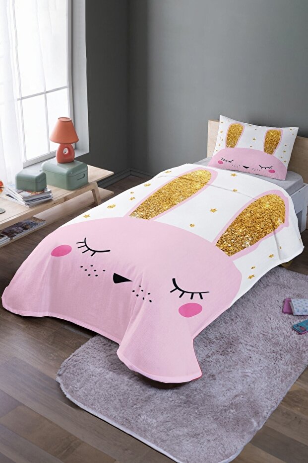 Gold Eared Rabbit Patterned Single Bedspread and Pique Set