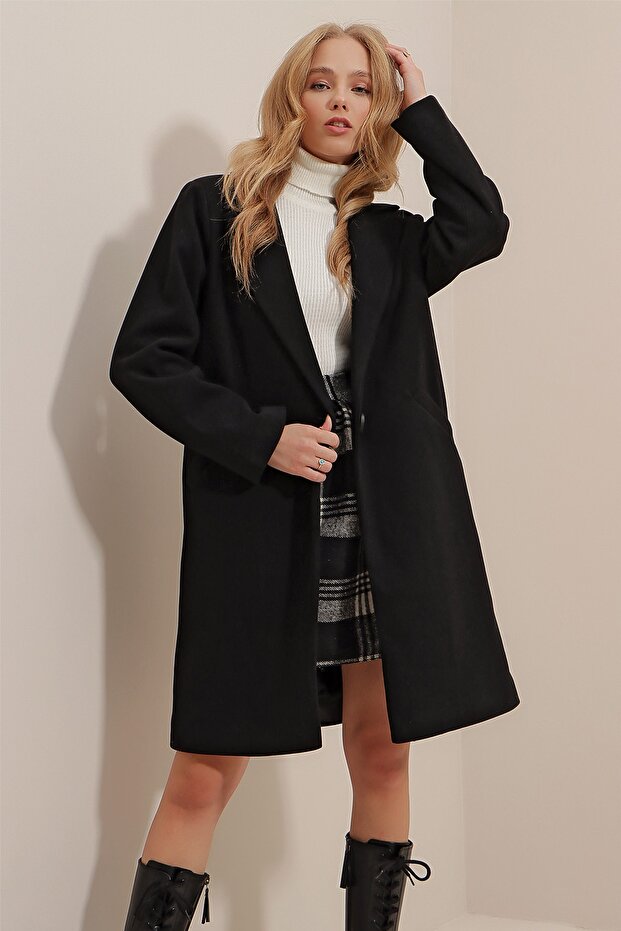 Black Double Pocket Lined Winter Cashmere Coat Alc-X9447
