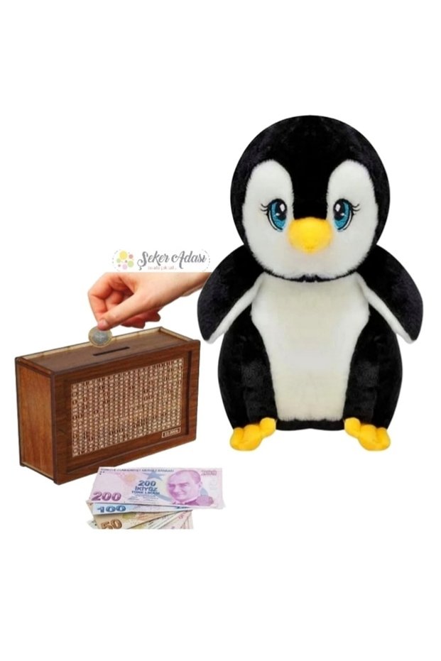 Cute Penguin 25 cm Plush Toy and Wooden Target Piggy Bank Money Saving Box