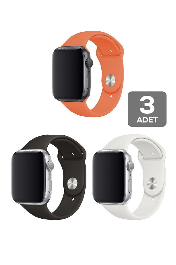 Apple Watch 4 5 6 7 8 9 10 Se 38 40 41mm Kordon Kayış 3 Adet Set Bileklik Klasik Kaliteli Silikon - 1