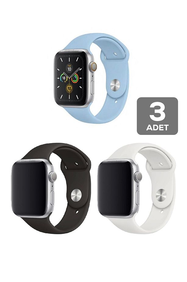 Apple Watch 4 5 6 7 8 9 10 Se 38 40 41mm Kordon Kayış 3 Adet Set Bileklik Klasik Kaliteli Silikon - 1