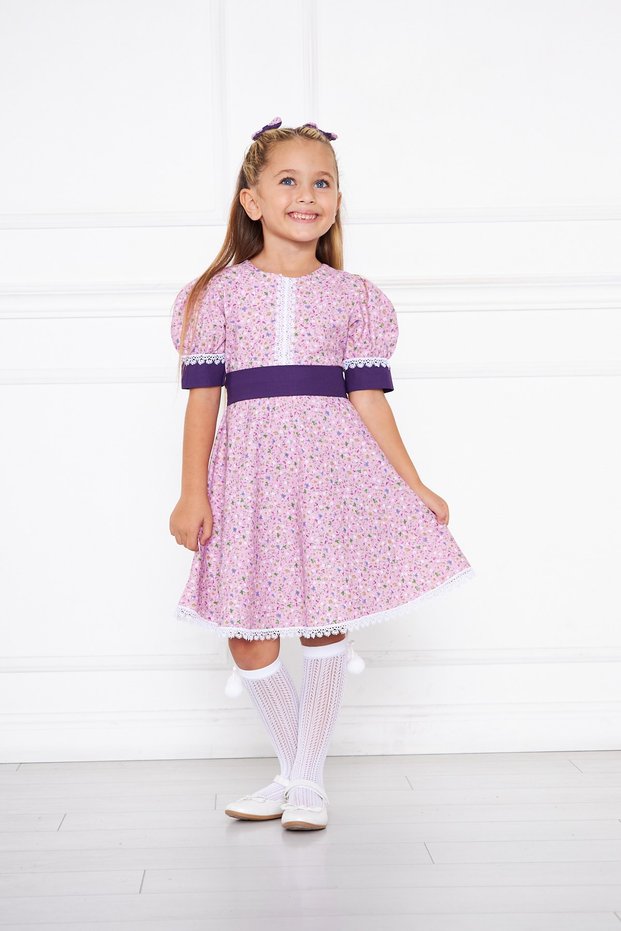 Purple Floral Patterned Scalloped Girl's Dress