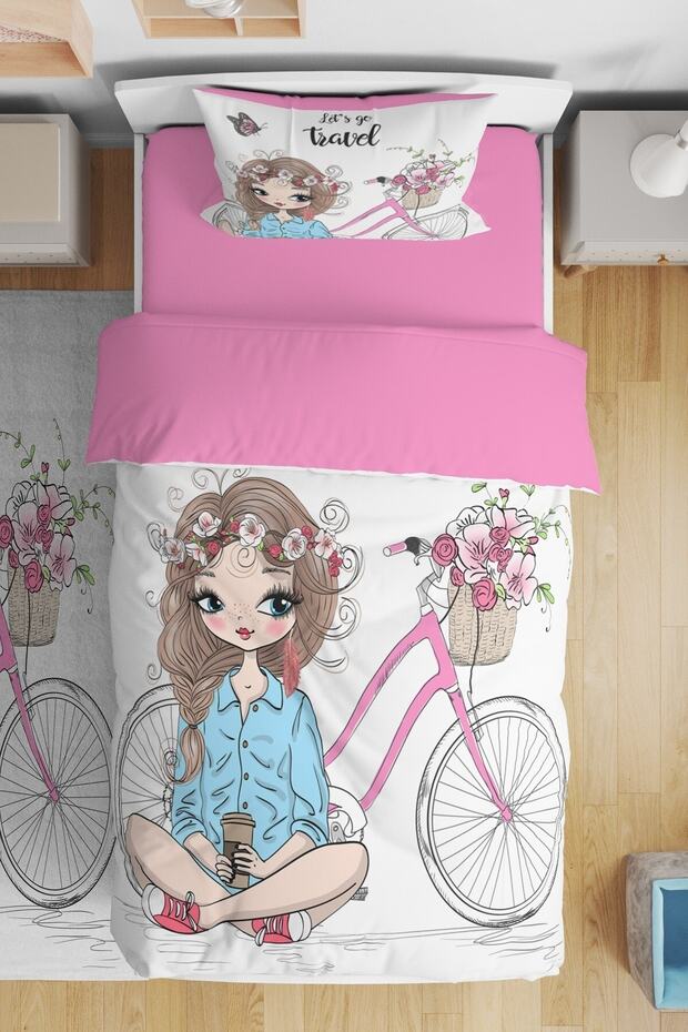 Girl on a Bicycle Patterned Single Baby Kids Bedding Set