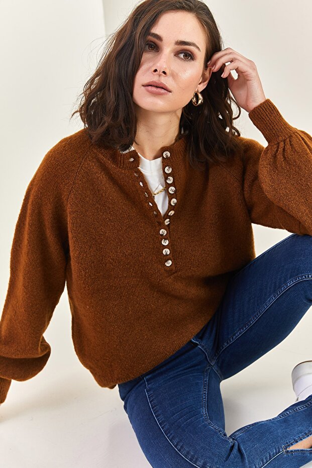 Women's Brown Collared Knitted Turtleneck Striped Sweater 20223207