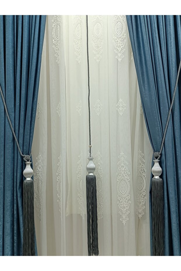 Fon Perde Tavan Bağlama Kuka Braçol Perde Seti Gri - 1