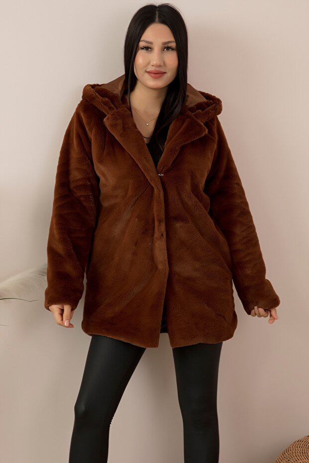 Kapüşonlu Peluş Kaban Nvy02 - 1