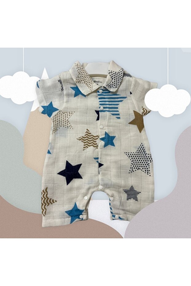 Star Patterned Muslin Collar Snap Fastener Barbatoz Baby Jumpsuit