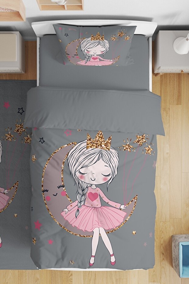 Gray Princess on the Moon Patterned Single Baby Kids Bedding Set