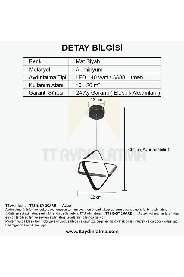 Tt316-sy 2kare Modeli Mat Siyah ( Gün Işığı ) Led Avize - 4