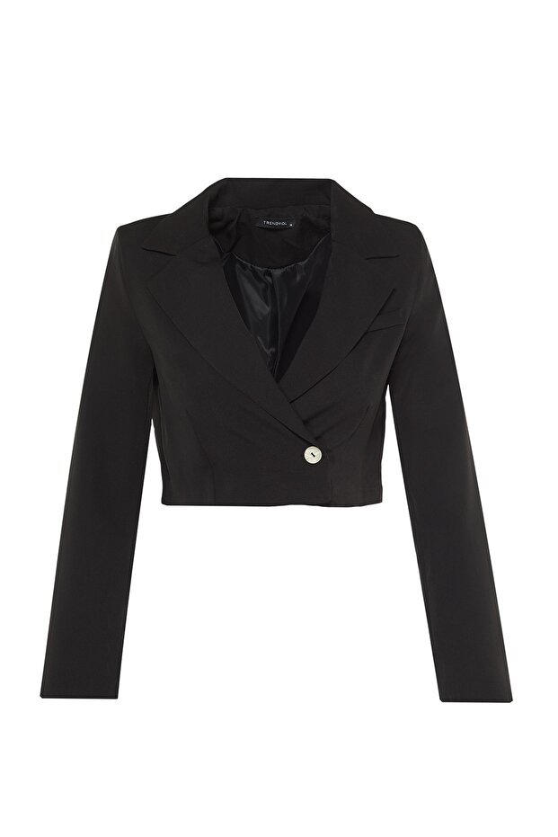 Siyah Crop Astarlı Dokuma Blazer Ceket TWOAW22CE0086 - 5